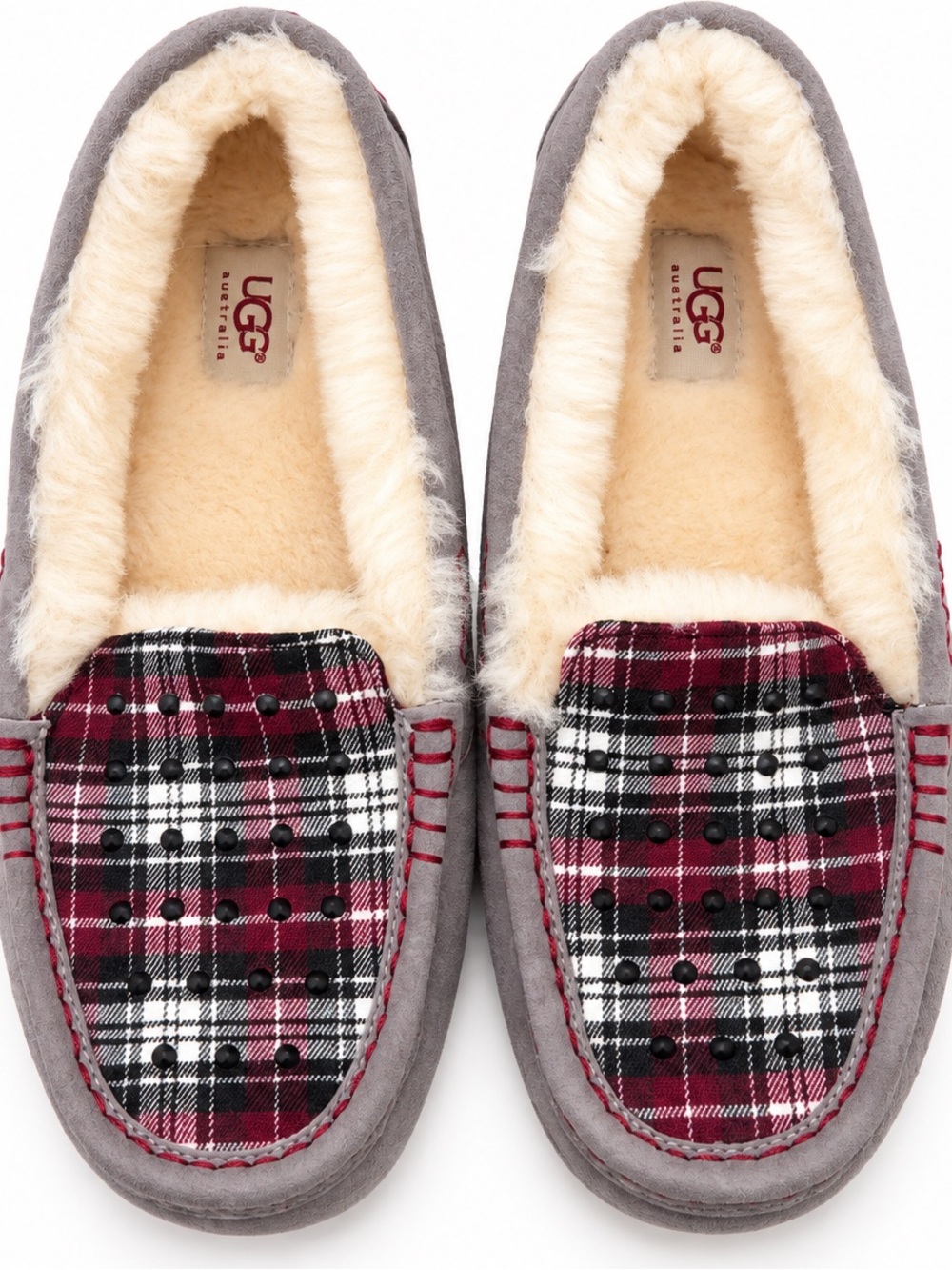 UGG Women’s Grey Suede Moccasin Slippers with Burgundy Plaid